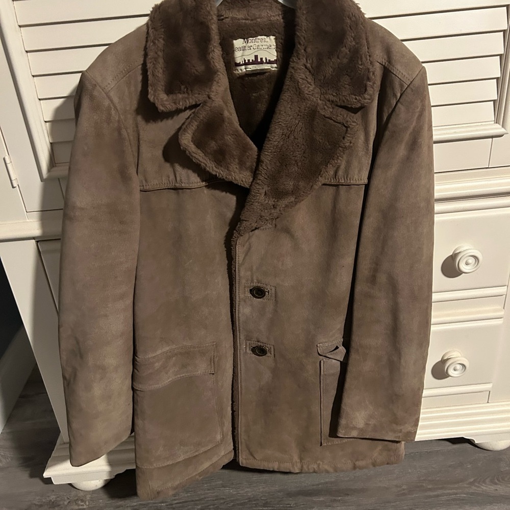 Weatherproof Men's Brown Suede Pea Coat with Faux Fur